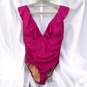 J Crew Womens Ruched Ruffle One Piece Swimsuit Size 2 Pink Vneck Open Back‎